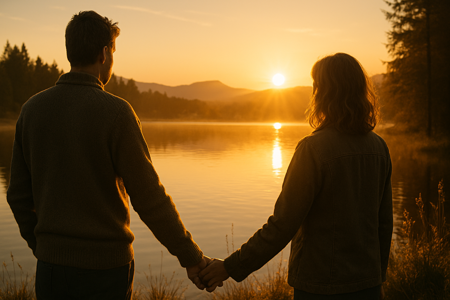Man and woman holding hand by the edge of a beautiful lake.